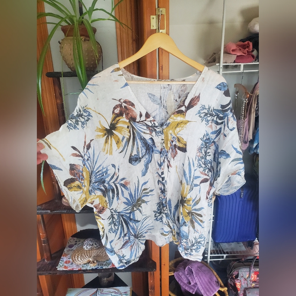 Floral Blouse with Blue and Yellow Accents 100% Linen Custom Upcycled Design OS